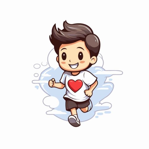 Cute boy holding red heart on white background. Vector illustrat