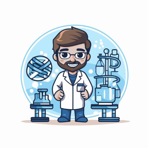 Scientist man with laboratory equipment. Vector illustration in