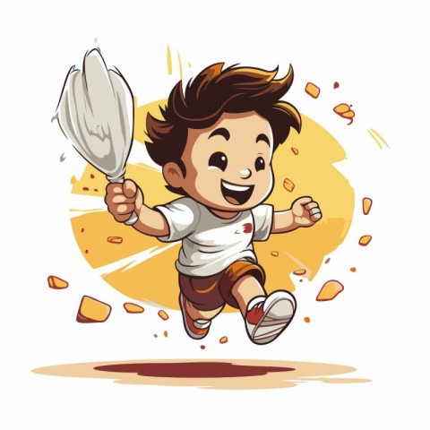 Illustration of a little boy playing cricket. Vector cartoon cha