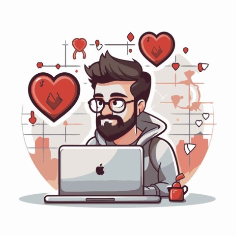 Man with laptop and heart icon. Social media and digital marketi