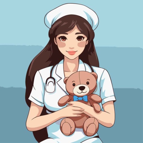 Nurse with teddy bear. Vector illustration in cartoon style.