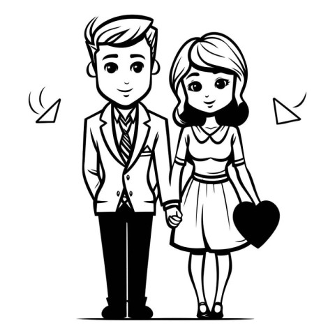 Cute cartoon couple in love. Vector illustration. Black and whit