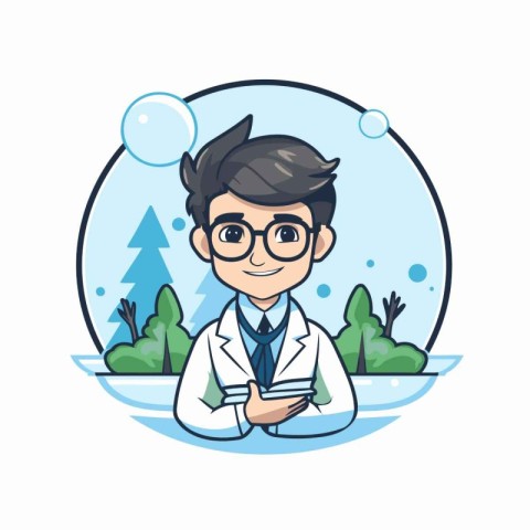 Cartoon vector illustration of a male scientist in a lab coat an