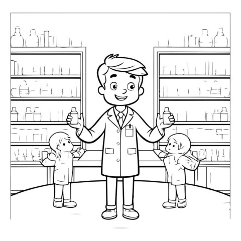 Vector illustration of a pharmacist in a drugstore. Black and wh