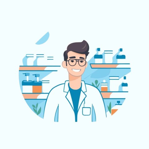 Male scientist in laboratory. Vector illustration in a flat desi