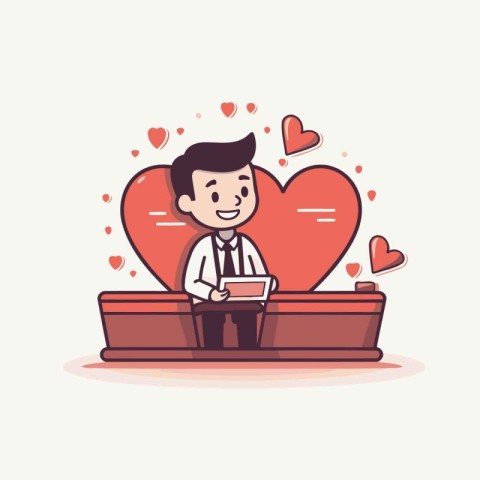 Businessman in love sitting on a bench with a laptop. Vector ill