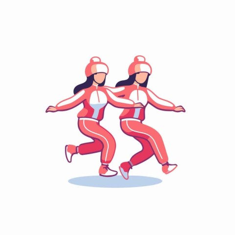 Vector illustration of two girls in sportswear running in winter