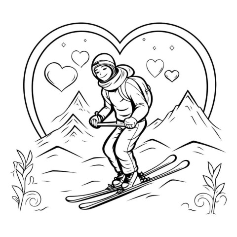 Vector illustration of skier in the mountains. Line art style.