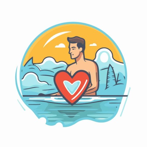 Vector illustration of a man in a swimsuit with a heart in his h