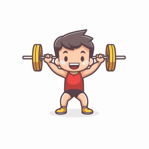 Little boy lifting barbell cartoon vector illustration. Sport an