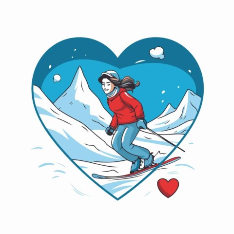 Vector illustration of a girl skier skiing in the mountains in t