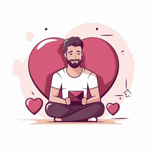 Man sitting in lotus position with red heart. vector illustratio