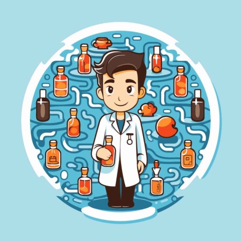 Cartoon man doctor in a lab coat with a bottle of oil. Vector il