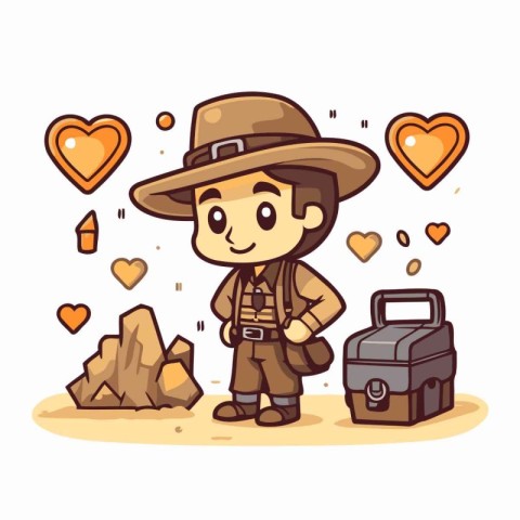 Cute cartoon explorer boy standing with a treasure chest. Vector