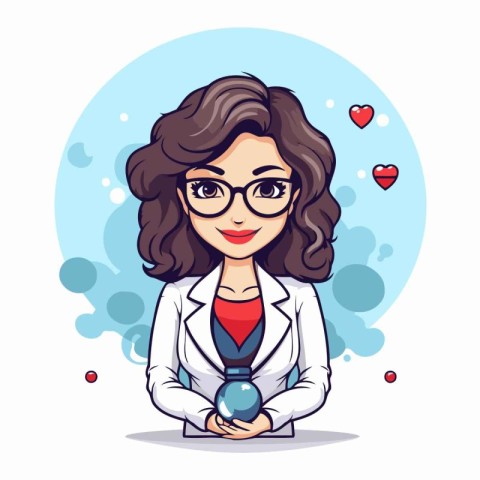 Vector illustration of a beautiful woman scientist in glasses ho