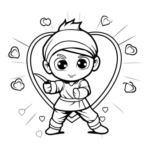 Black and White Cartoon Illustration of Cute Little Boy Characte