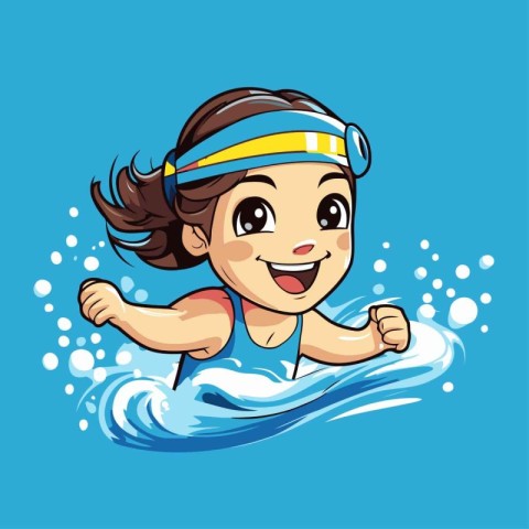 Little girl swimming in the sea. Cute cartoon vector illustratio