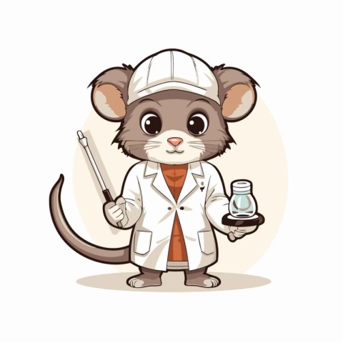 Mouse doctor in lab coat and cap holding a flask. Vector illustr