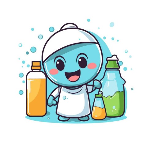 Cute robot holding a bottle of liquid laundry detergent. Vector