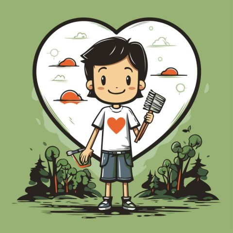 Boy holding a rake and a heart on a green background. Vector ill