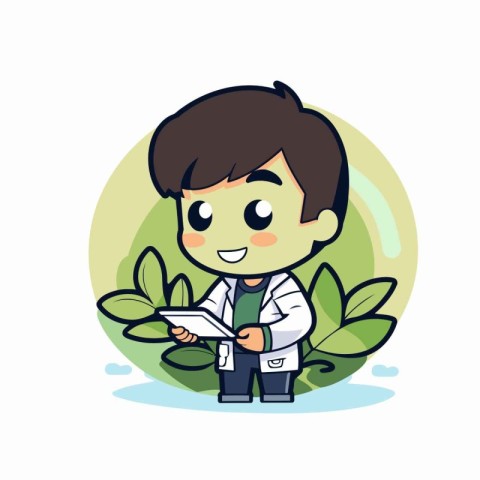 Scientist boy holding a tablet - Vector Cartoon character illust