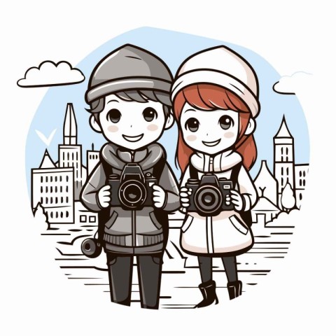 Tourist boy and girl with camera in the city vector illustration