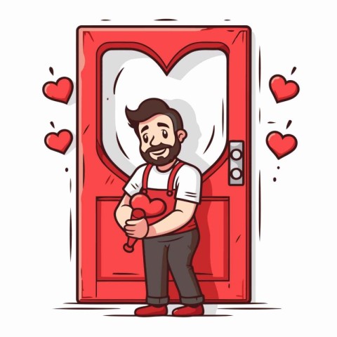 Man with heart in front of the door. Valentine's day vector illu