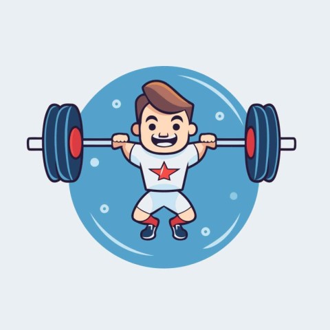 Fitness boy lifting barbell cartoon character vector illustratio