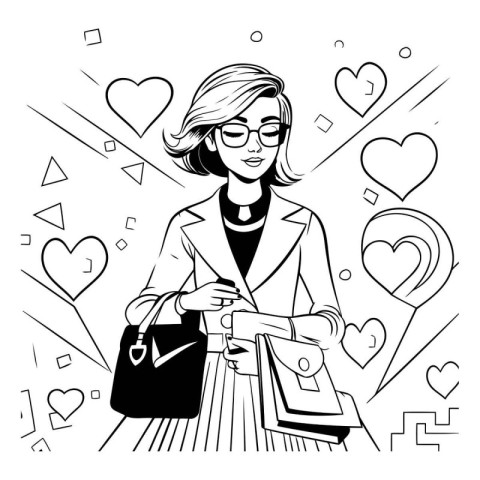 Beautiful woman with shopping bag. Black and white vector illust