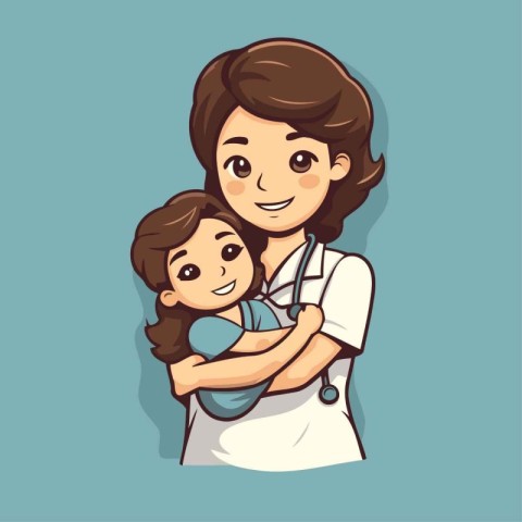 Doctor with a baby in his arms. Vector illustration in cartoon s