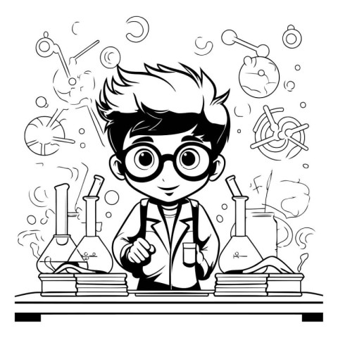 Black and white vector illustration of a boy scientist in the la