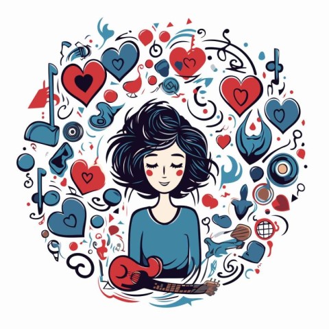 Vector illustration of a girl with guitar. hearts. musical instr