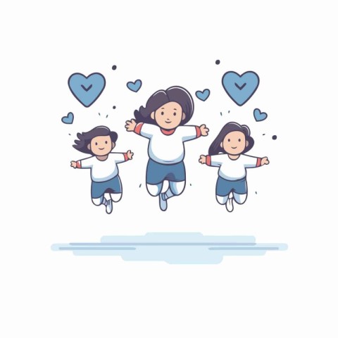 Happy kids jumping with hearts around them. Vector illustration