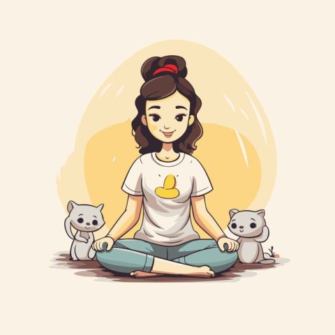 Girl meditating in lotus position with cat. Vector illustration.