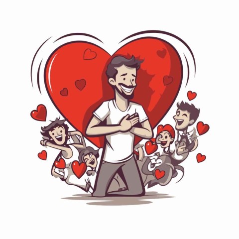 Vector cartoon illustration of a man holding a heart with his fa