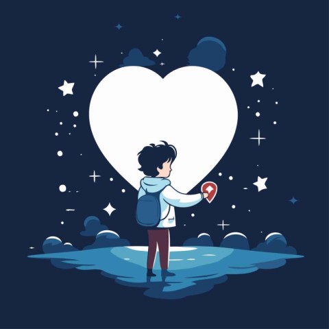 Young man with a map in the shape of a heart. Vector illustratio