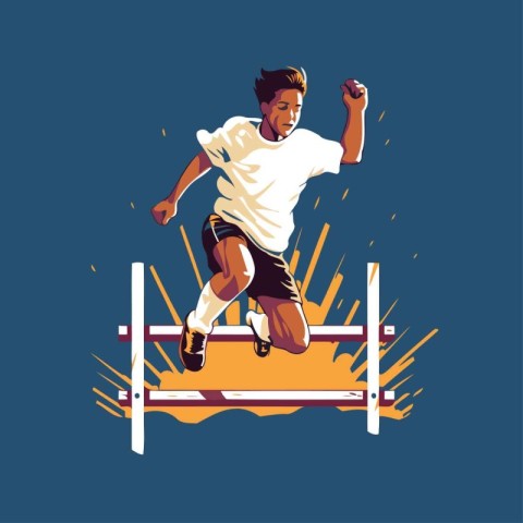 Vector illustration of a young man jumping over a hurdle. Isolat