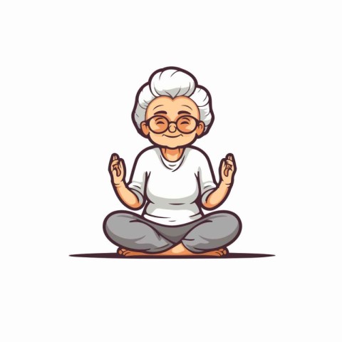 Elderly woman sitting in lotus position. Vector illustration.