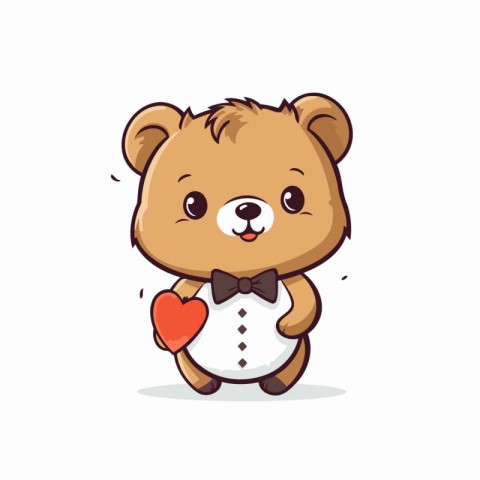 Cute cartoon bear with bow tie and heart. Vector illustration.