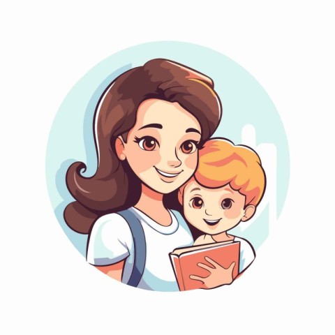 Mother and son reading book together. Vector illustration in car