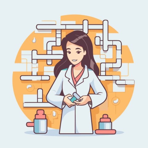Vector illustration of a woman in a lab coat holding a smartphon