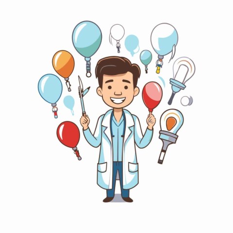 cartoon doctor holding a scalpel and balloons over white backgro