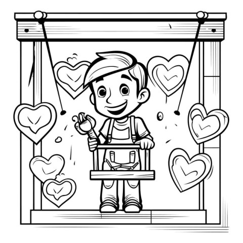 Black and White Cartoon Illustration of Kid Boy in Love or Valen