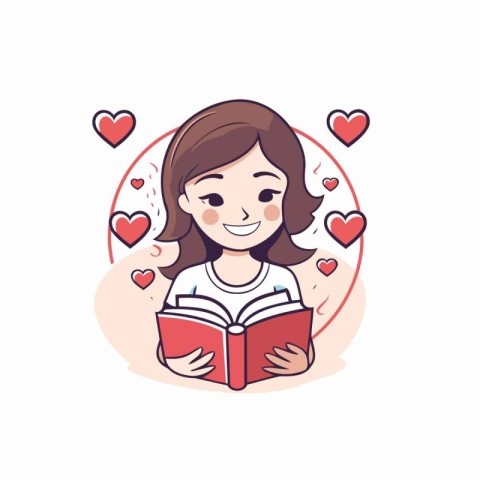 Illustration of a girl reading a book with hearts around her.