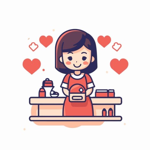 Cute little girl in apron making coffee. Vector illustration.