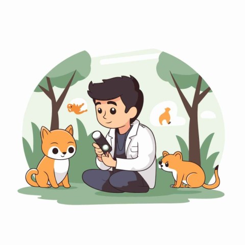 Veterinarian with dog and cat in the park. Vector illustration