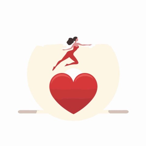 Girl running with red heart on white background. Flat style vect