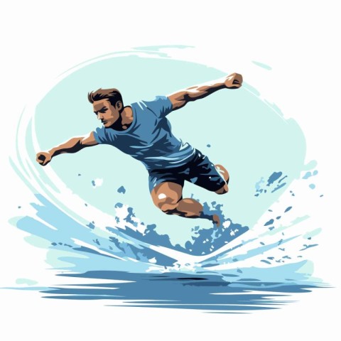 illustration of a man jumping in the water with a surfboard