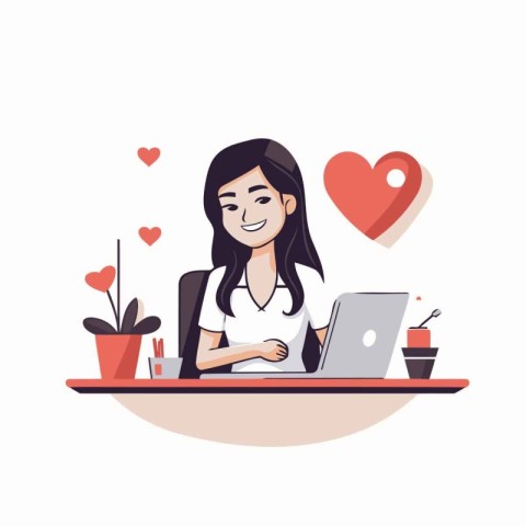 Young woman working on laptop at home. Vector illustration in ca