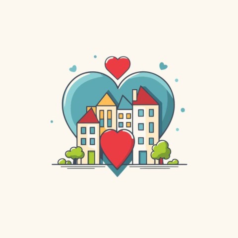 Vector illustration in flat linear style - city with houses. tre